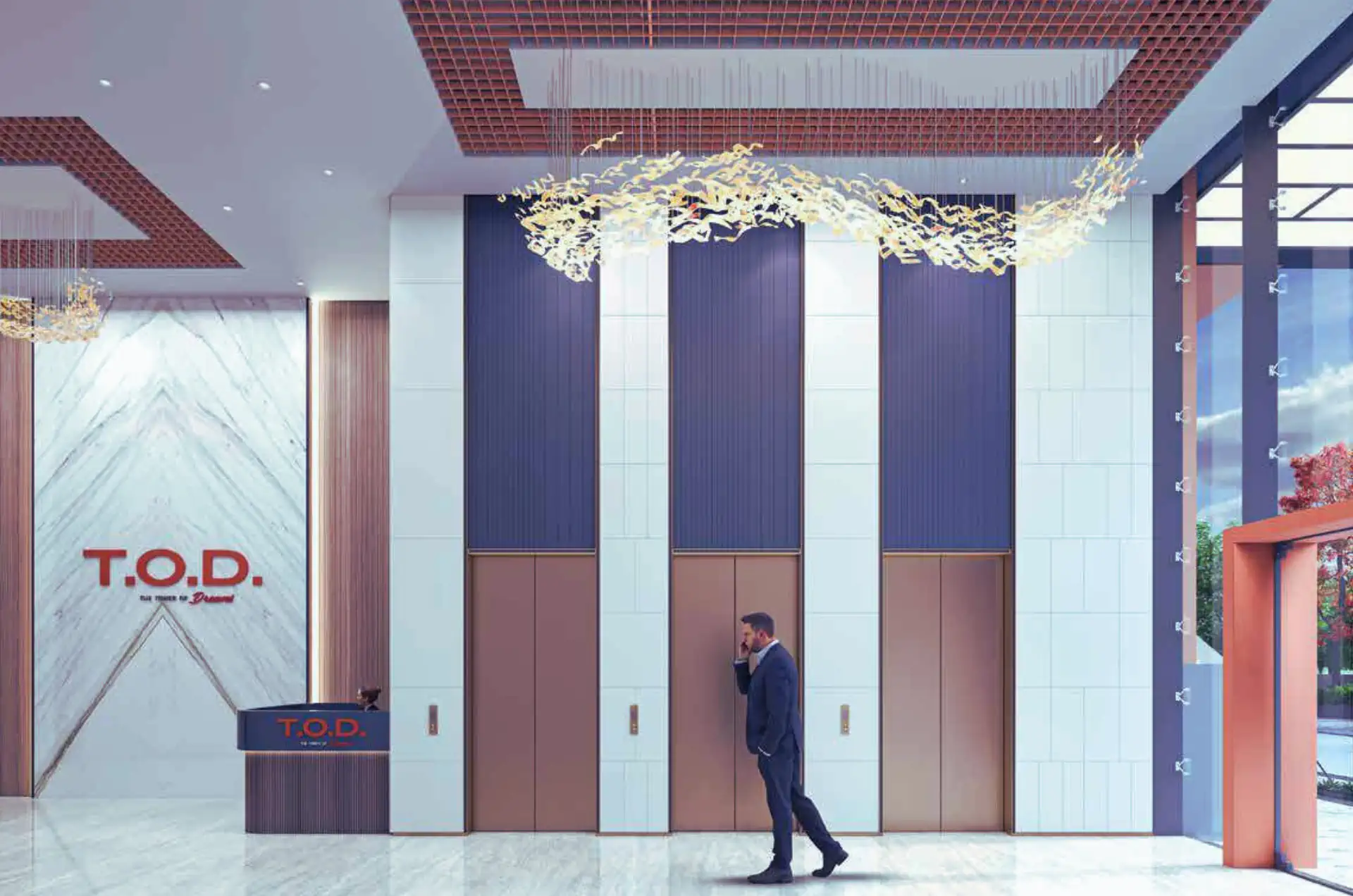 Corporate lobby of Tower of Dreams Hinjawadi Pune with elevators and reception